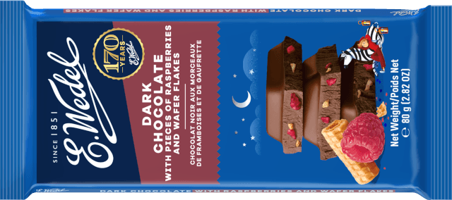 Dark chocolate with raspberries and wafer flakes 80g